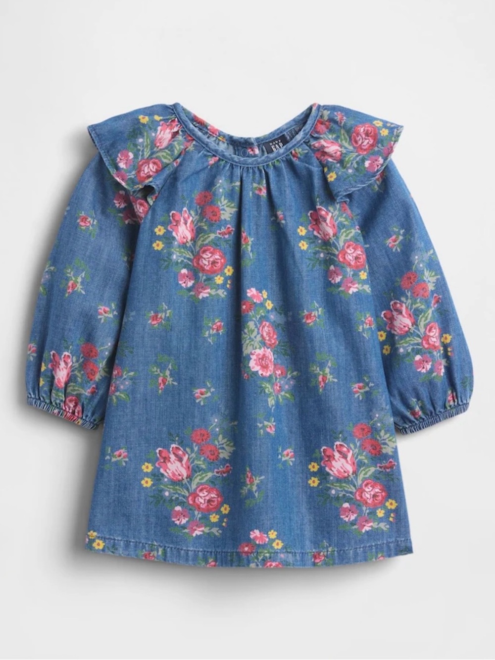 Gap Baby Girl Denim Ruffle Shoulder Floral Dress, Medium Wash - Size 12-18M